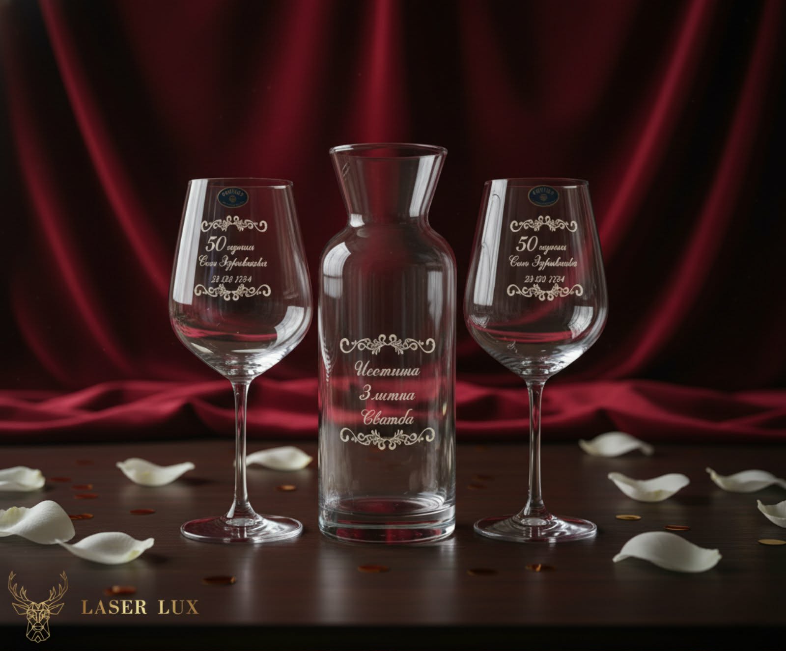 Гравирани чаши за вино с гарафа – Годишнина от сватба